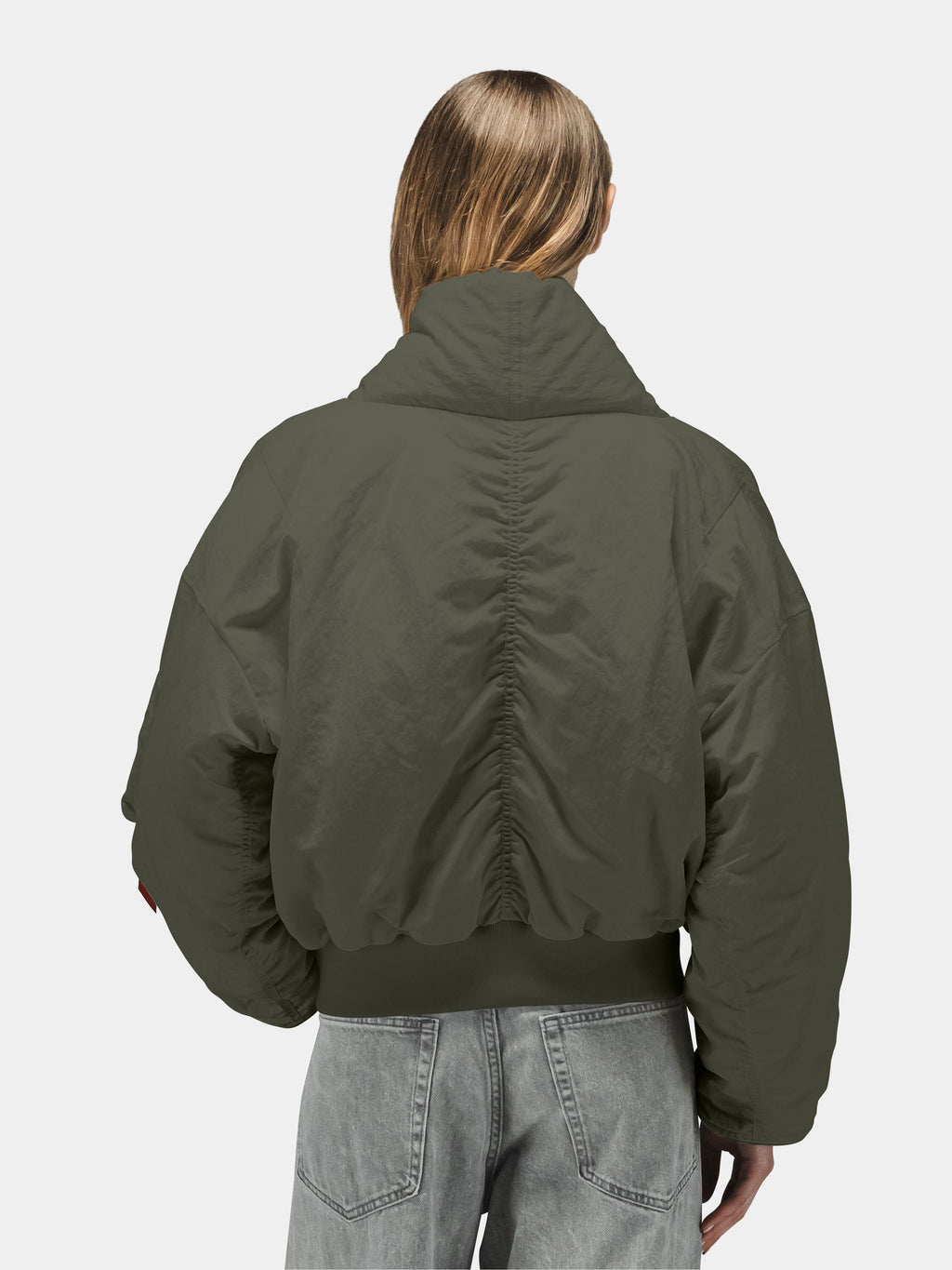 Alpha Industries Shawl Collar Flight Jacket Womens, oversized olive green, with gray jeans.