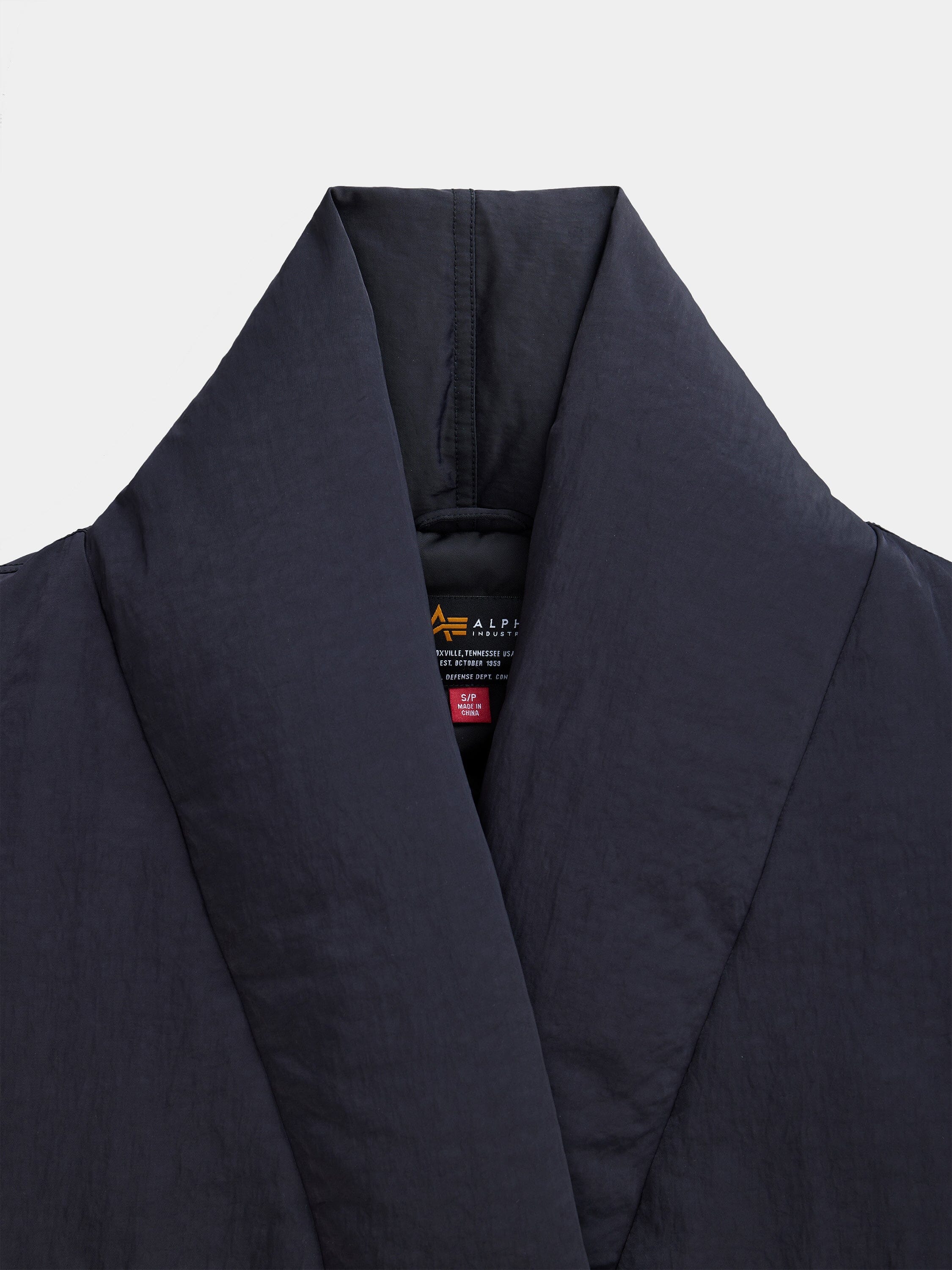 Alpha Industries Shawl Collar Flight Jacket Womens, dark navy color, wide shawl collar, onion quilted lining.