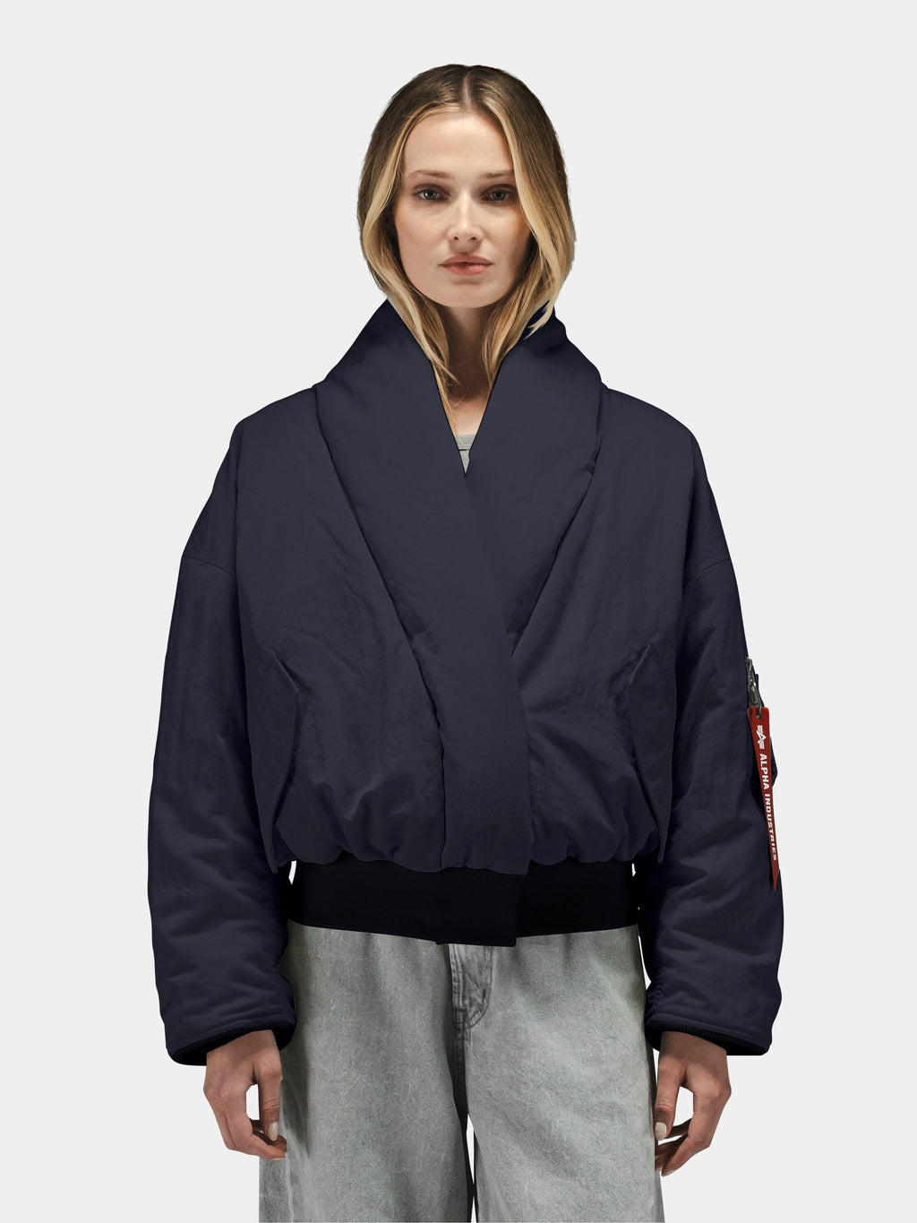 Alpha Industries Shawl Collar Flight Jacket Womens, dark blue, oversized with onion quilted lining and wide sleeves.