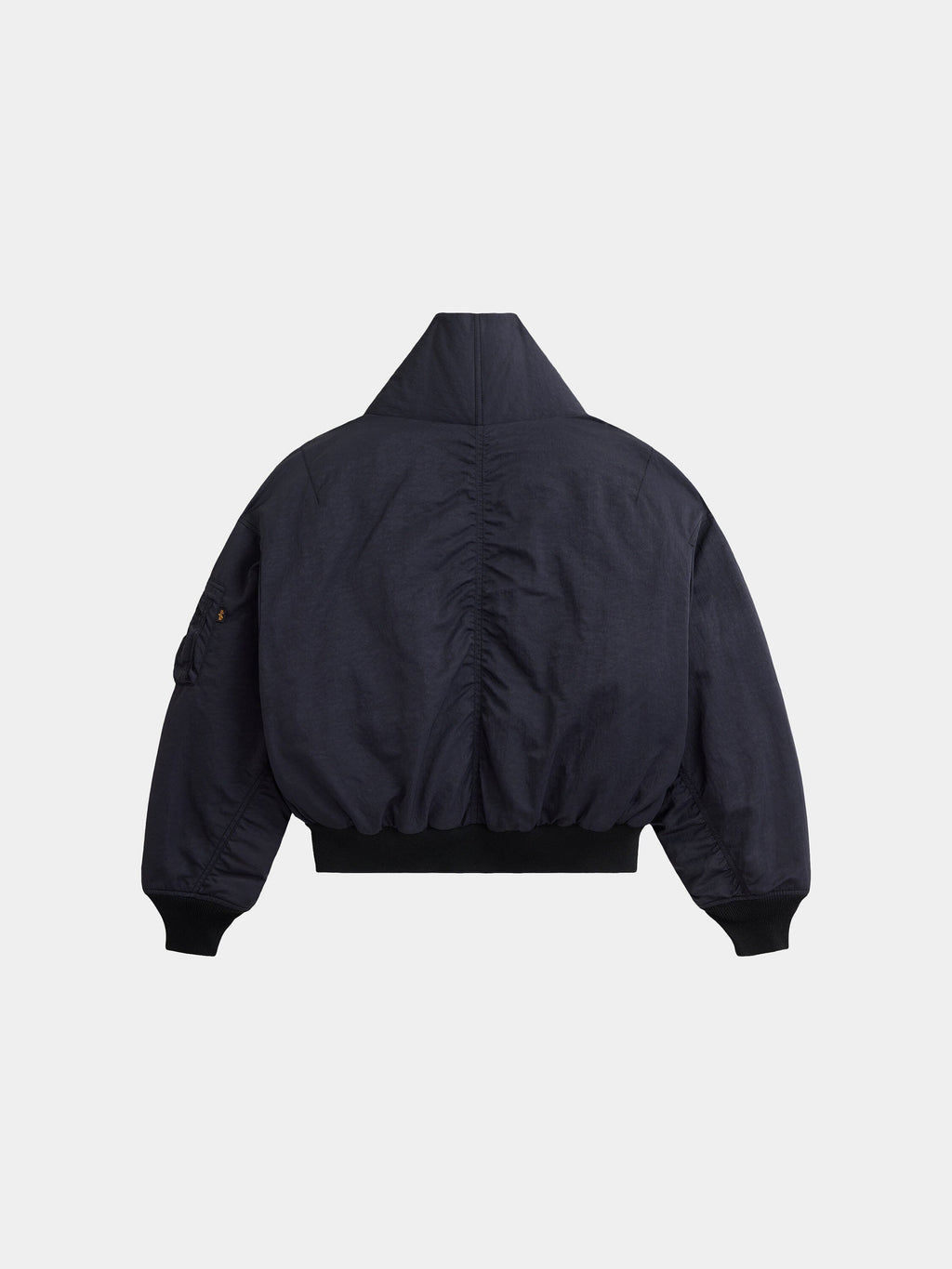 Alpha Industries Shawl Collar Flight Jacket Womens in dark navy, long sleeves, down bomber, high collar, elastic cuffs and waistband.