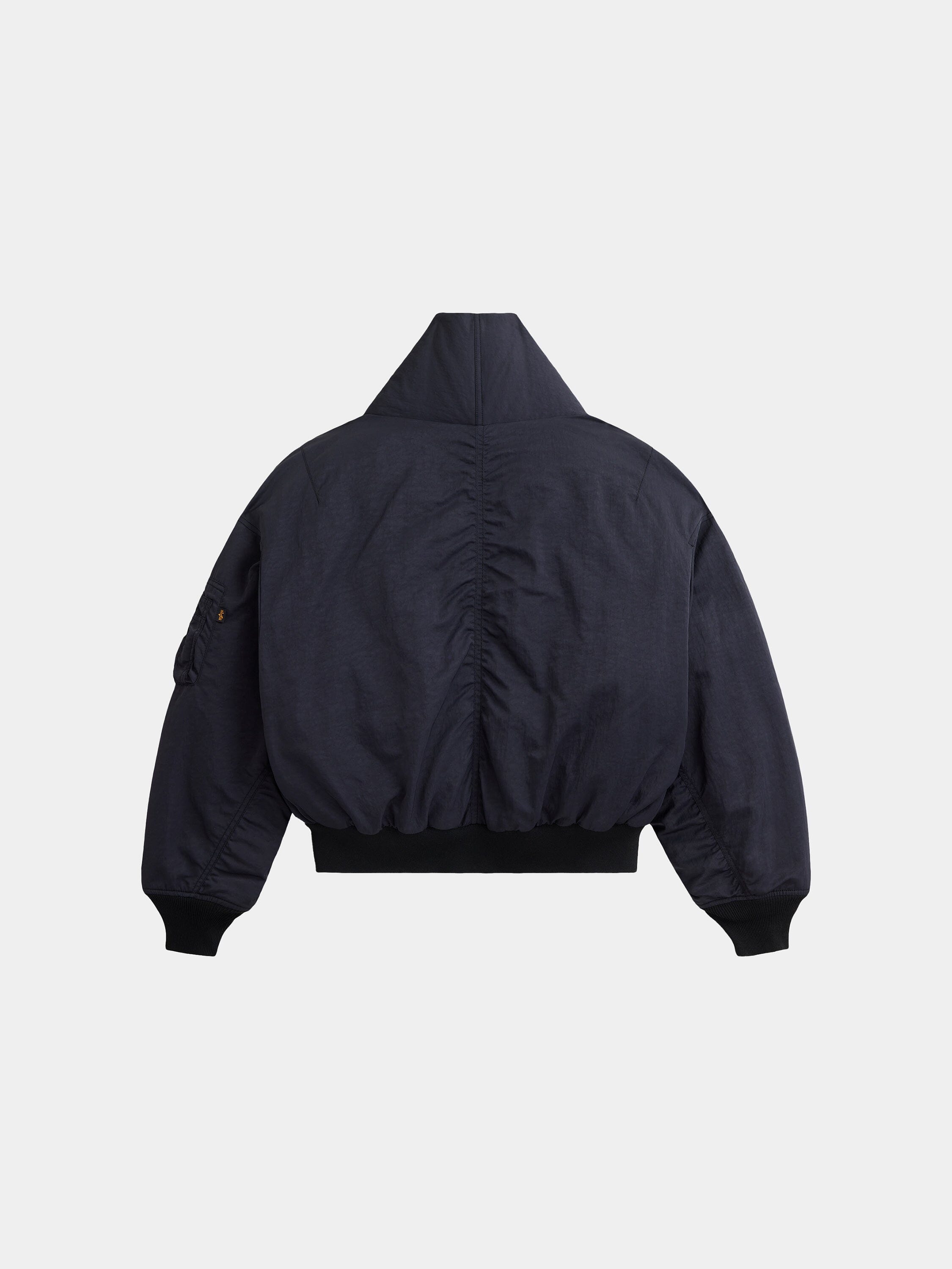 Alpha Industries Shawl Collar Flight Jacket Womens in dark navy, long sleeves, down bomber, high collar, elastic cuffs and waistband.