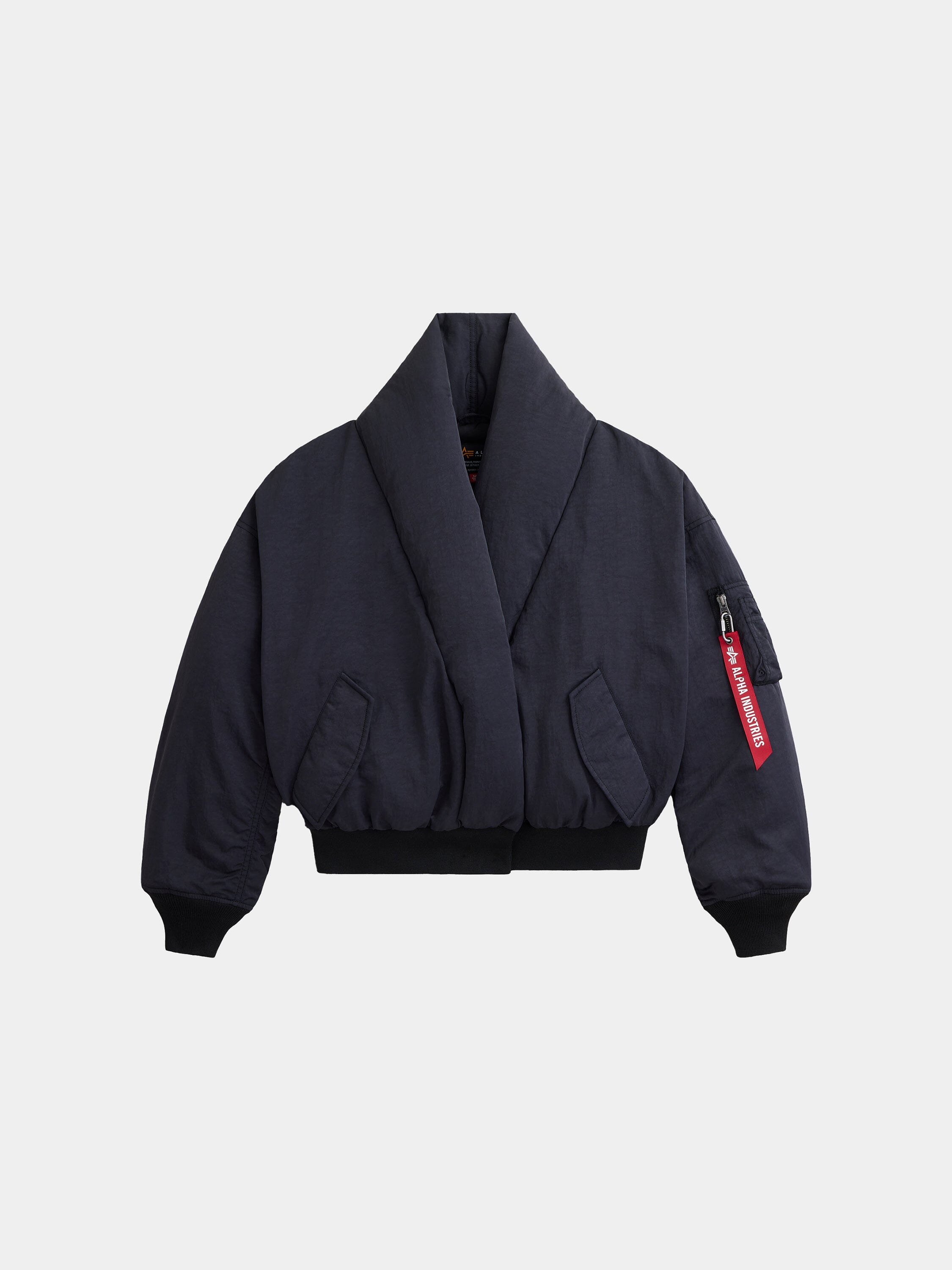 Alpha Industries Shawl Collar Flight Jacket Womens in black with wide lapels, cuffed sleeves, zip sleeve pocket, onion quilted lining.
