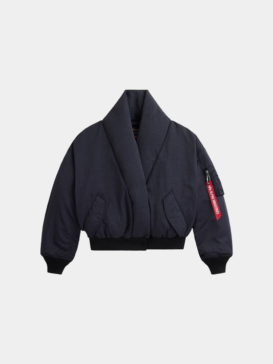 Alpha Industries Shawl Collar Flight Jacket Womens in black with wide lapels, cuffed sleeves, zip sleeve pocket, onion quilted lining.