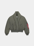 Alpha Industries Shawl Collar Flight Jacket Womens in Field Gray with ribbed cuffs and hem, red tag on sleeve zipper, onion quilted lining.
