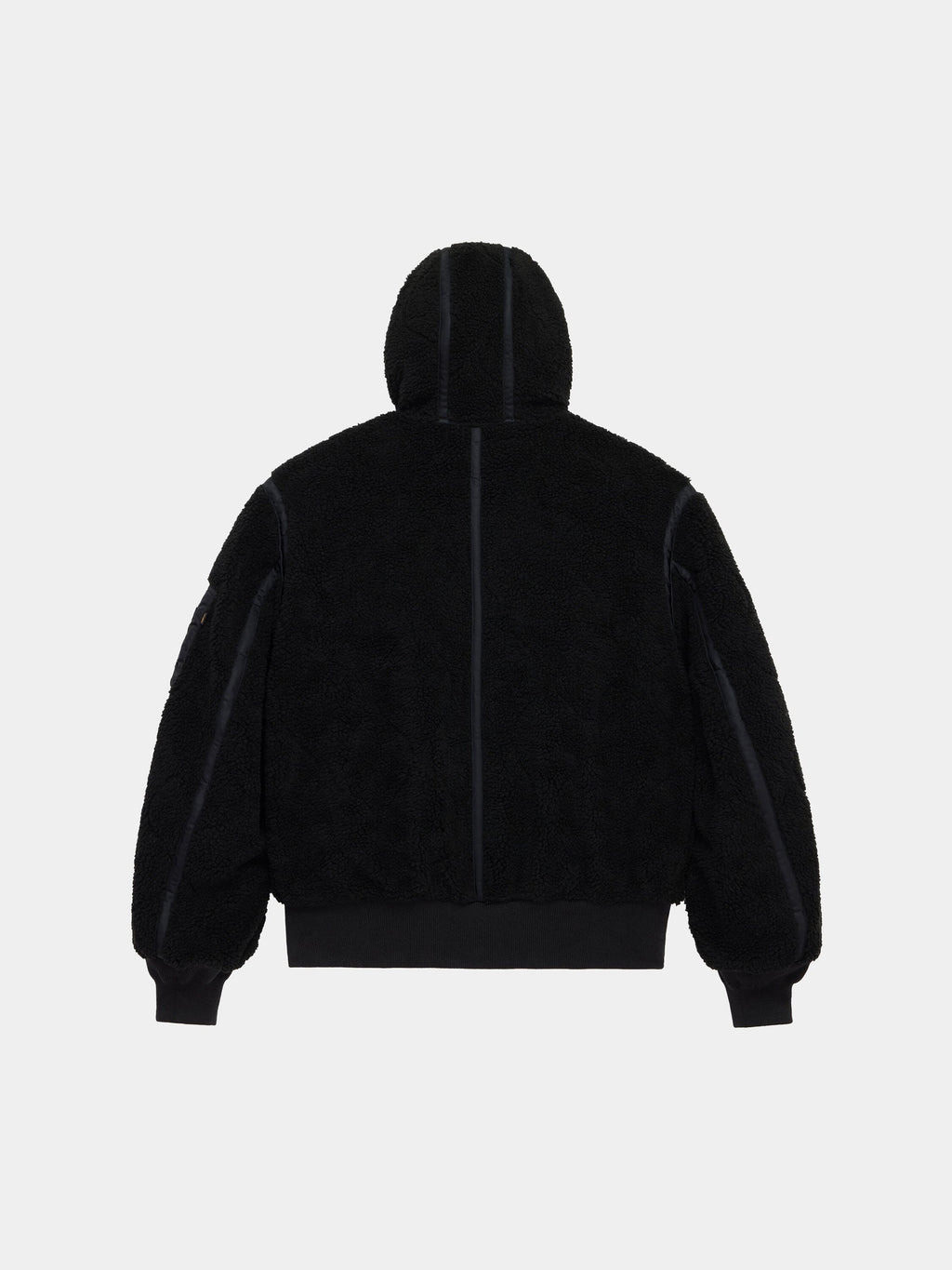 Alpha Industries Sherpa Onion Quilting Flight Jacket with black sherpa quilting, ribbed cuffs, and waistband.