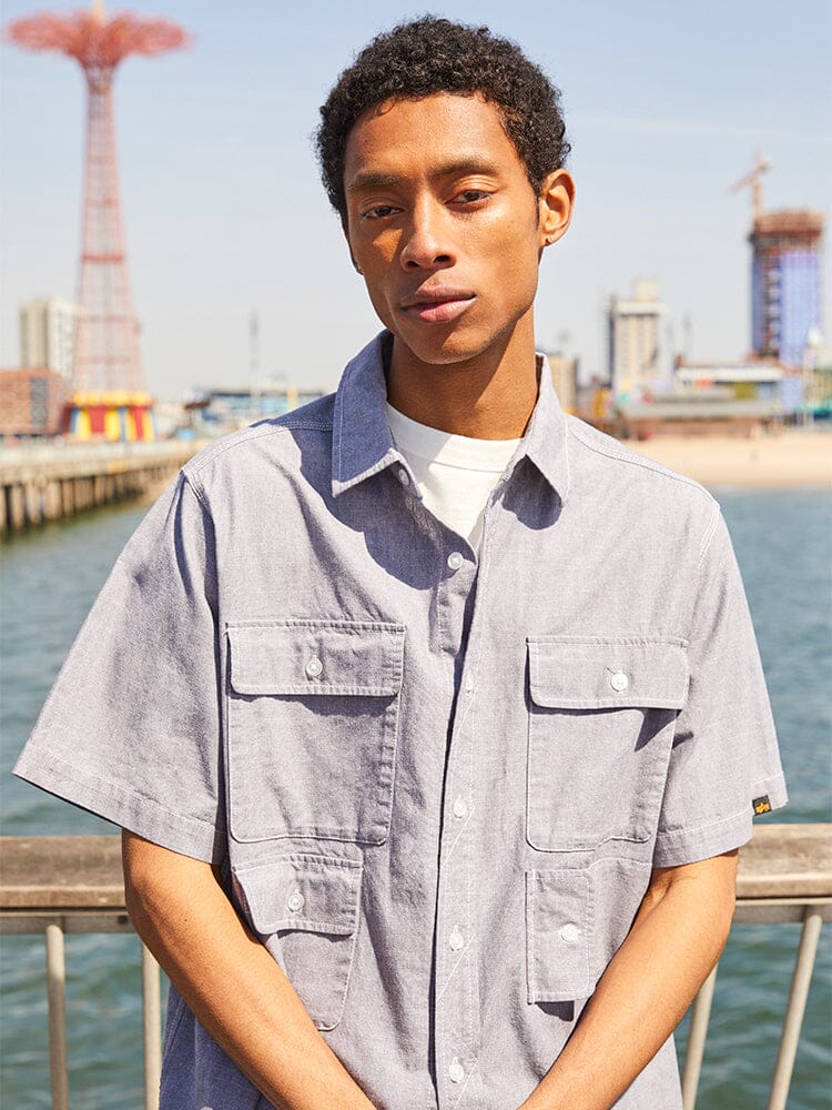 Alpha Industries Short Sleeve Multi Pocket Shirt, multiple pockets, button closures.