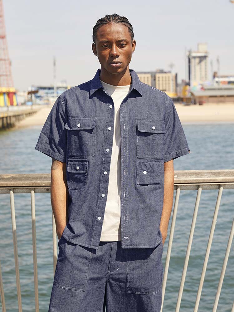 Alpha Industries Short Sleeve Multi Pocket Shirt and Matching Shorts, Featuring Multiple Pockets and Button Closures.