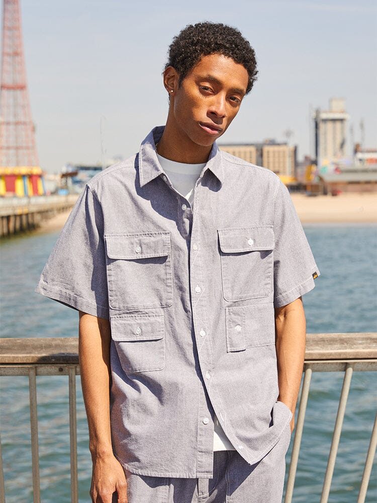 Alpha Industries Short Sleeve Multi Pocket Shirt, light gray, multiple pockets.