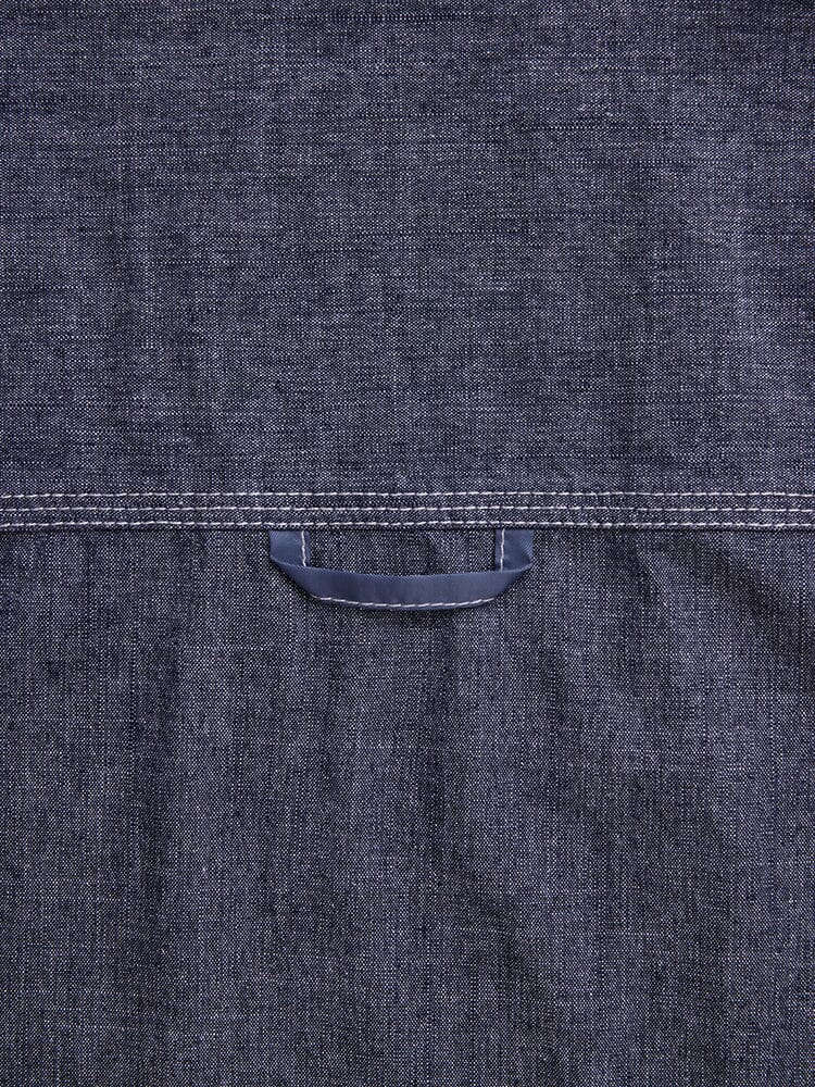 Short Sleeve Multi Pocket Shirt by Alpha Industries, dark denim fabric with horizontal seam and central fabric loop.