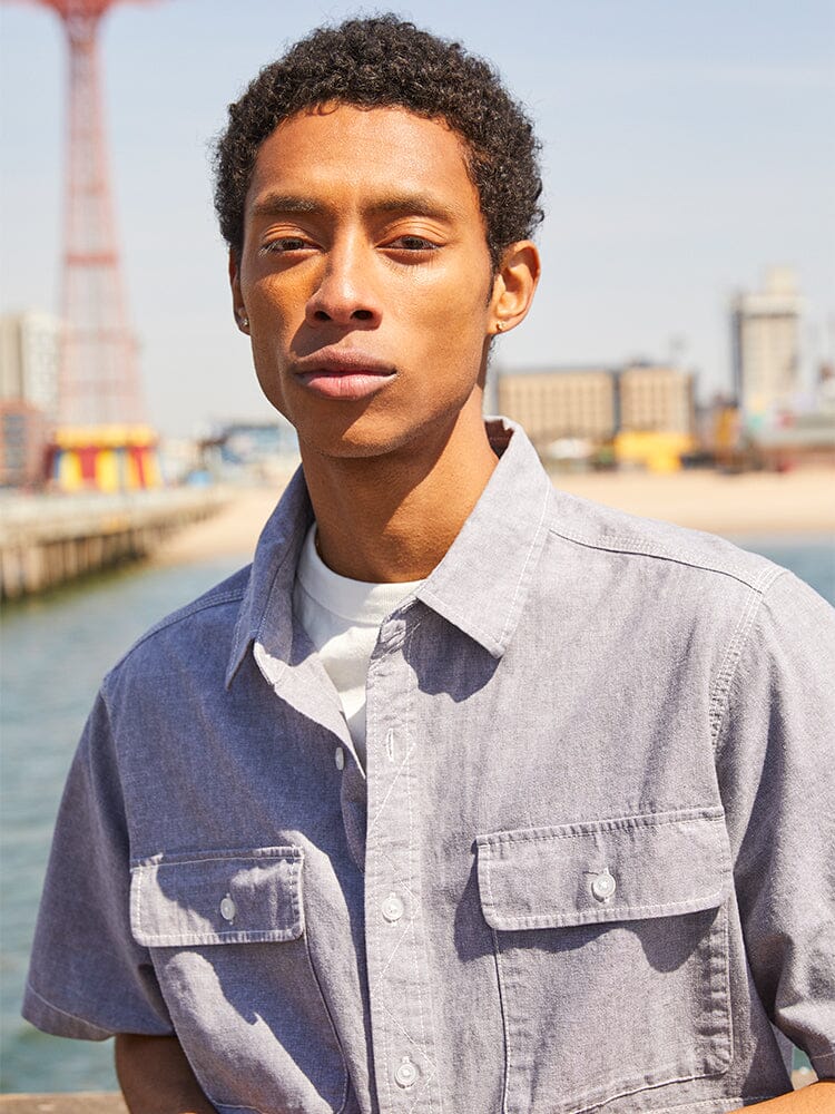 Alpha Industries Short Sleeve Multi Pocket Shirt, Light Gray, Multiple Pockets, Button Closure.