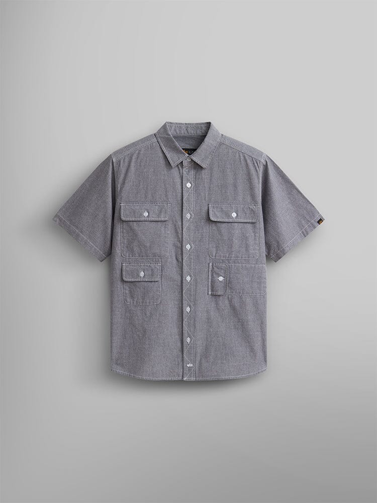 Alpha Industries Short Sleeve Multi Pocket Shirt, Aircraft Gray, collar, button-up front, four front flap pockets with button closures.