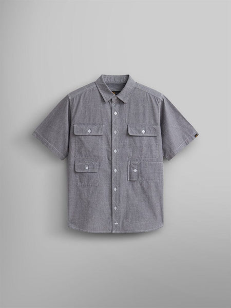 Alpha Industries Short Sleeve Multi Pocket Shirt, Aircraft Gray, collar, button-up front, four front flap pockets with button closures.