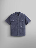 Alpha Industries Short Sleeve Multi Pocket Shirt, Replica Blue, denim, button-up, four front flap pockets with button closures.