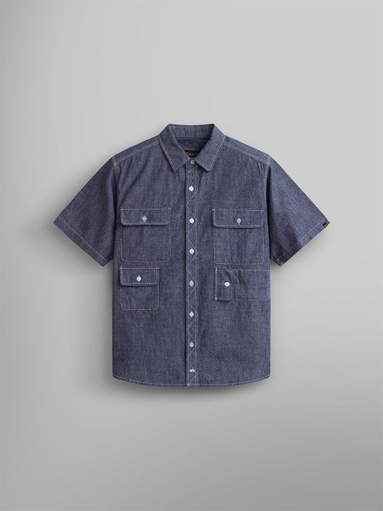 Alpha Industries Short Sleeve Multi Pocket Shirt, Replica Blue, denim, button-up, four front flap pockets with button closures.