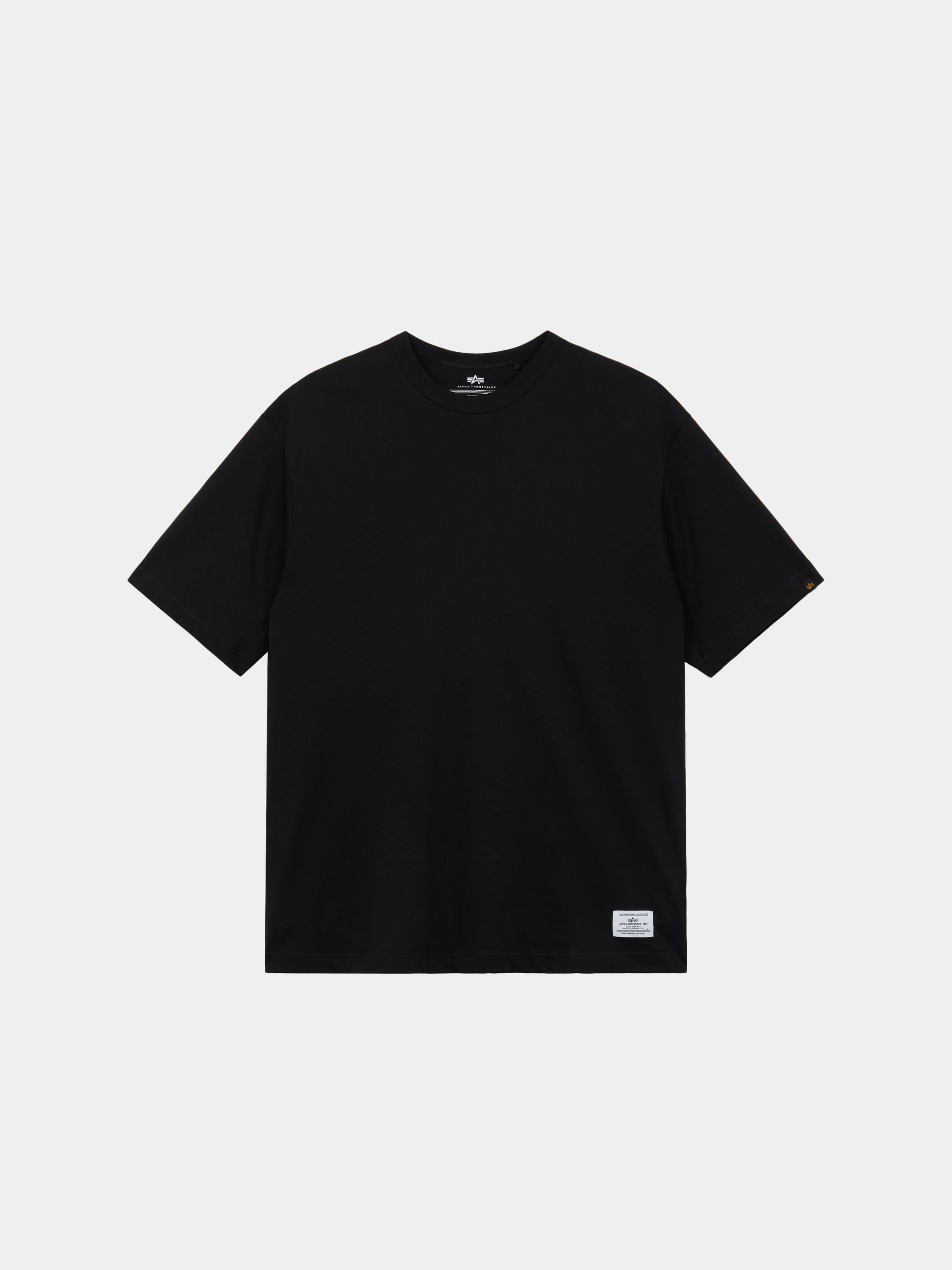 Alpha Industries Short Sleeve Relaxed Tee in black with crew neck, short sleeves, and small white label at the hem.