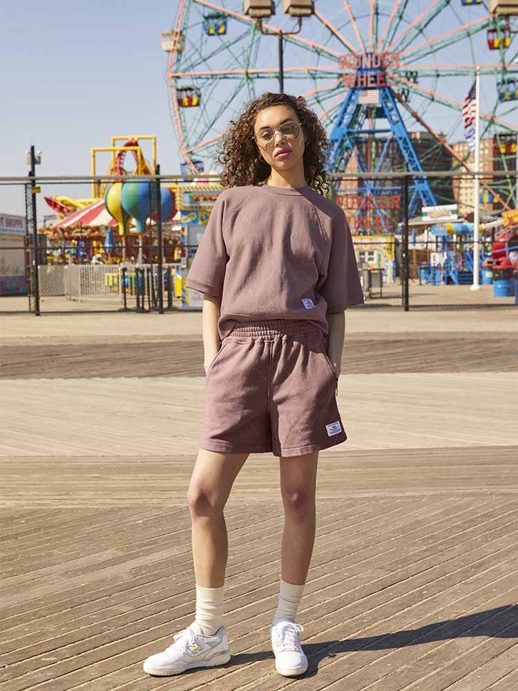Alpha Industries Womens Short Sleeve Quilted Sweatshirt, gray, quilted fabric, ribbed cuffs and hem.