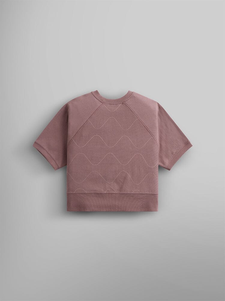 Alpha Industries Womens Short Sleeve Quilted Sweatshirt, onion quilting, geometric wave stitching, mauve terry fleece.