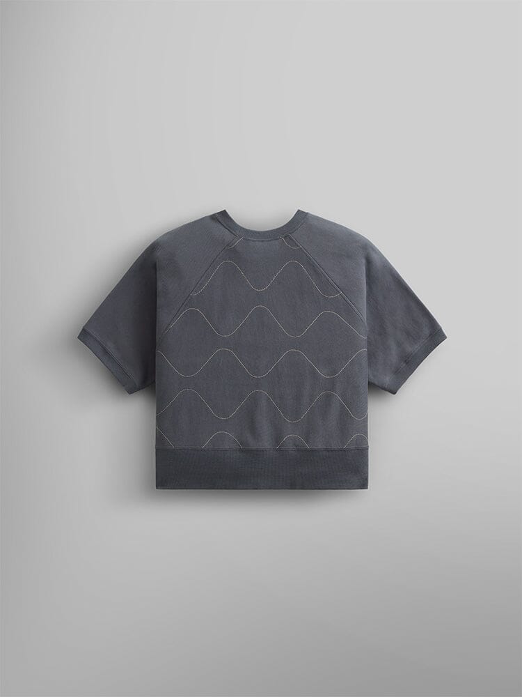 Alpha Industries Womens Short Sleeve Quilted Sweatshirt, dark gray quilted terry fleece, relaxed fit, short sleeves, wavy lines on back.