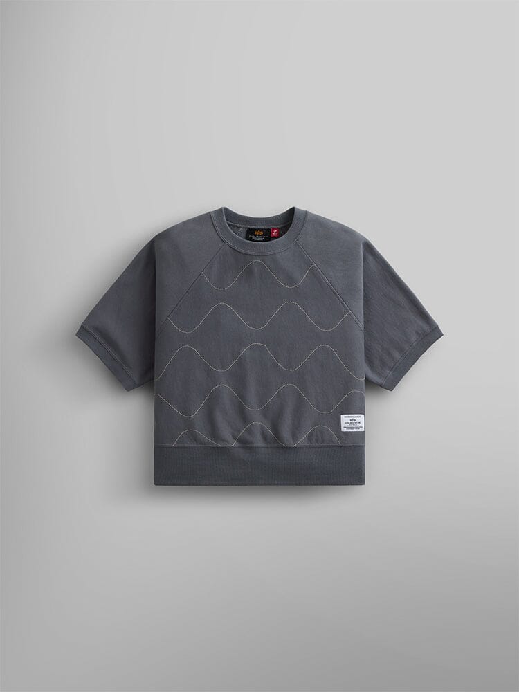 Alpha Industries Womens Short Sleeve Quilted Sweatshirt in Aircraft Gray, subtle wave pattern, ribbed hem, small white front label, soft terry fleece.