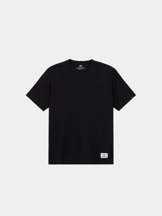 Alpha Industries Short Sleeve Regular Tee in black with crew neck, small white label near hem, and lightweight cotton material.
