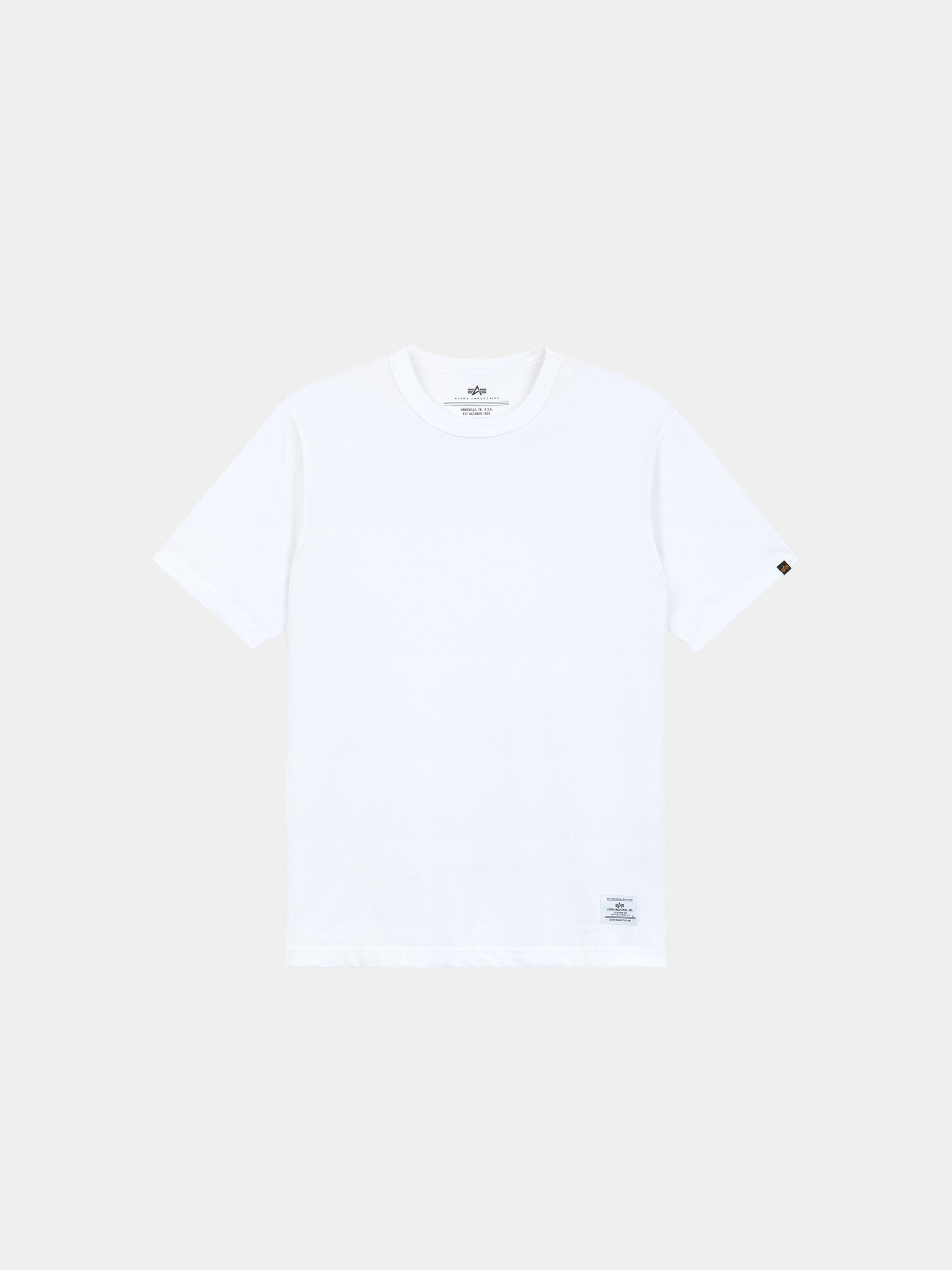 Alpha Industries Short Sleeve Regular Tee in white, cotton fabric, small logo on left sleeve, label by hem.