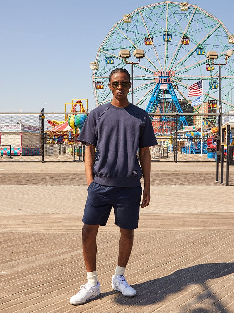 Alpha Industries Short Sleeve Sweatshirt, navy, with matching shorts.