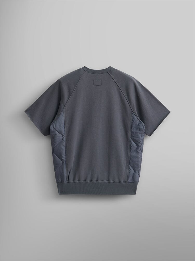 Alpha Industries Short Sleeve Sweatshirt in gray with crew neck, short sleeves, ribbed hem, and onion quilting on side panels.