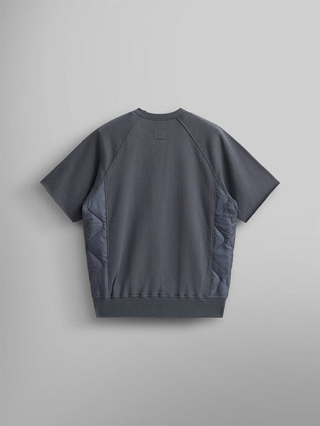 Alpha Industries Short Sleeve Sweatshirt in gray with crew neck, short sleeves, ribbed hem, and onion quilting on side panels.
