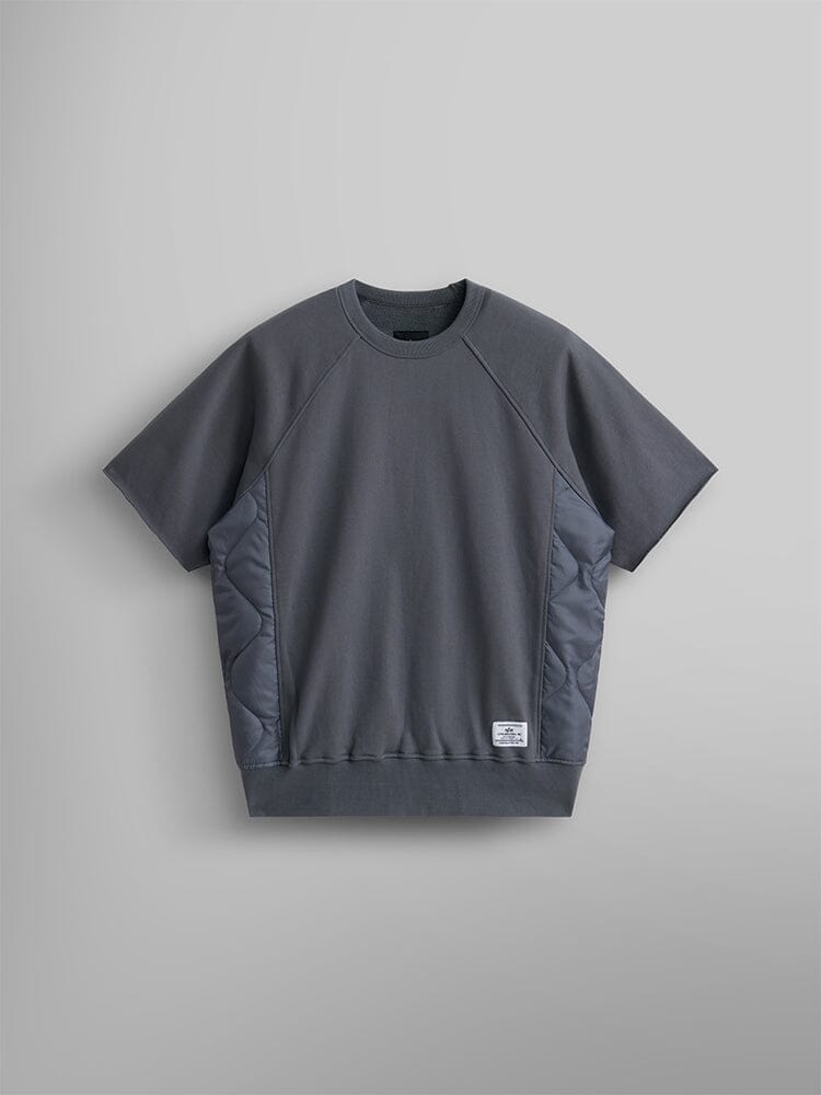 Alpha Industries Short Sleeve Sweatshirt, Aircraft Gray, crewneck, side onion quilting, small white label near hem.