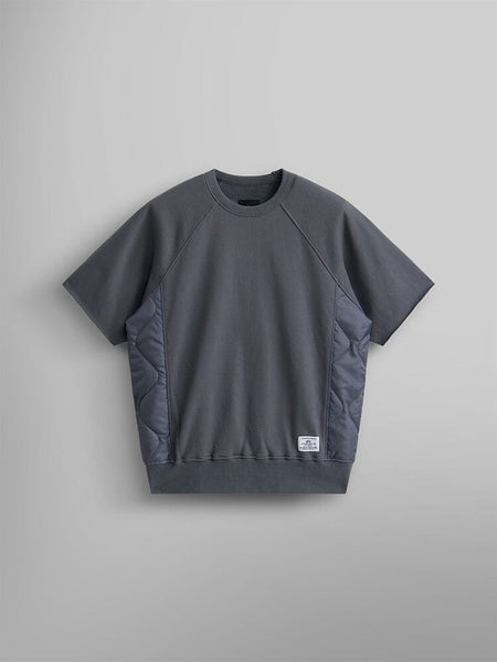 Alpha Industries Short Sleeve Sweatshirt, Aircraft Gray, crewneck, side onion quilting, small white label near hem.
