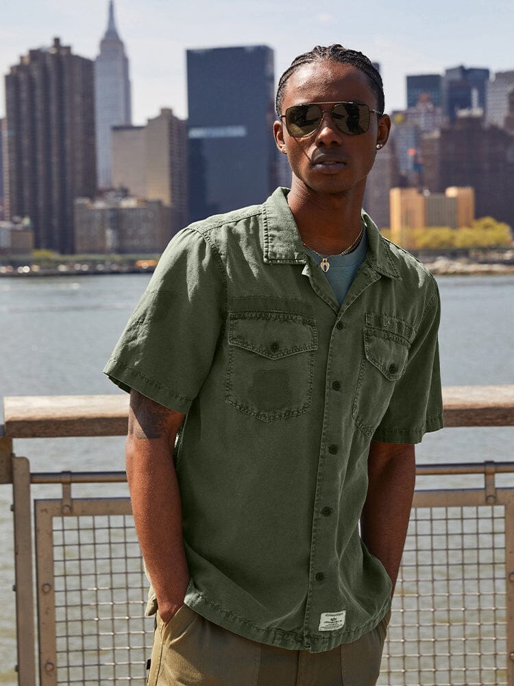 Short Sleeve Washed Fatigue Shirt Jacket (Frogskin, OG-107 Green