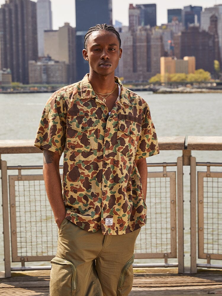 Short Sleeve Washed Fatigue Shirt Jacket (Frogskin, OG-107 Green