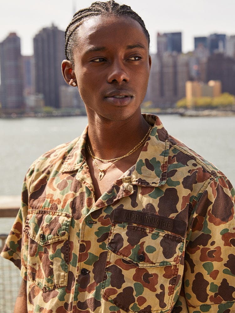Short Sleeve Washed Fatigue Shirt Jacket (Frogskin, OG-107 Green