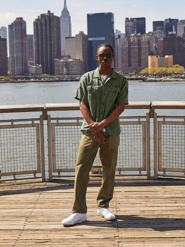 Short Sleeve Washed Fatigue Shirt Jacket (Frogskin, OG-107 Green