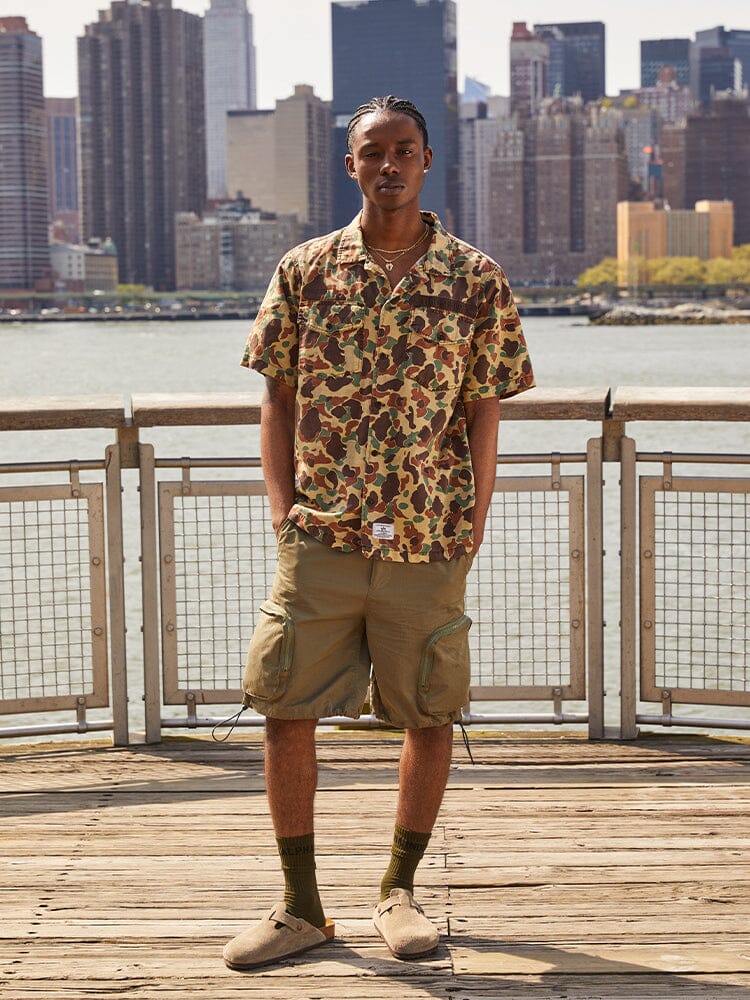 Short Sleeve Washed Fatigue Shirt Jacket (Frogskin, OG-107 Green