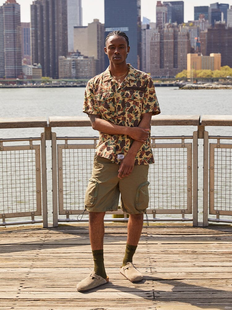 Short Sleeve Washed Fatigue Shirt Jacket (Frogskin, OG-107 Green