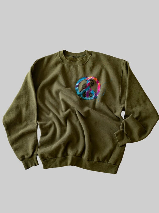 Transnomadica X Alpha Upcycled Usmc Sweatshirt by Alpha Industries, sage color with multicolored peace sign graphic on upper left chest.