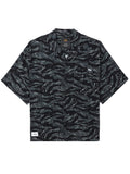 Unfrm Army Hawaii Shirt by Alpha Industries, black camo color, short sleeves, button-down front, chest pocket, small white patch near hem.