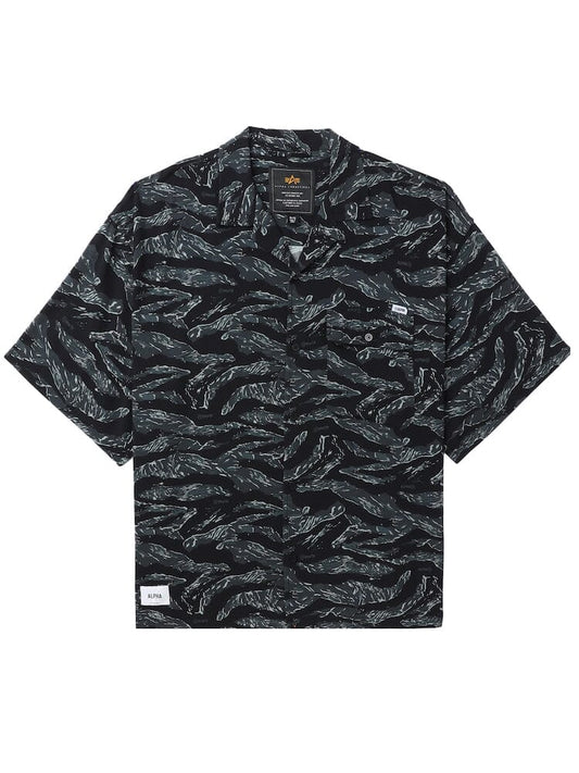 Unfrm Army Hawaii Shirt by Alpha Industries, black camo color, short sleeves, button-down front, chest pocket, small white patch near hem.
