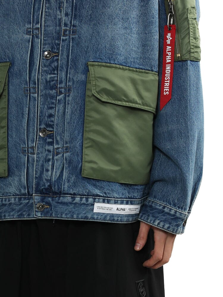 Unfrm Denim Type 2 Army Jacket by Alpha Industries, green utility pockets, red Alpha Industries keychain tag on sleeve.