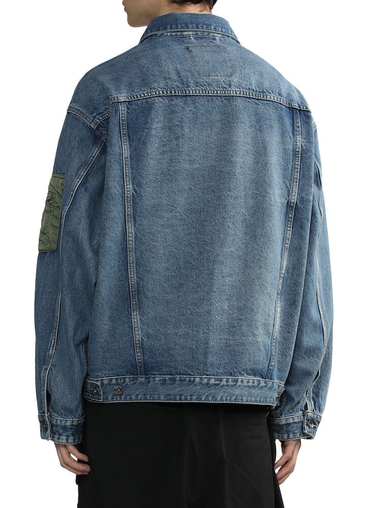 UNFRM Denim Type 2 Army Jacket by Alpha Industries, utility pockets, green patch on left sleeve.