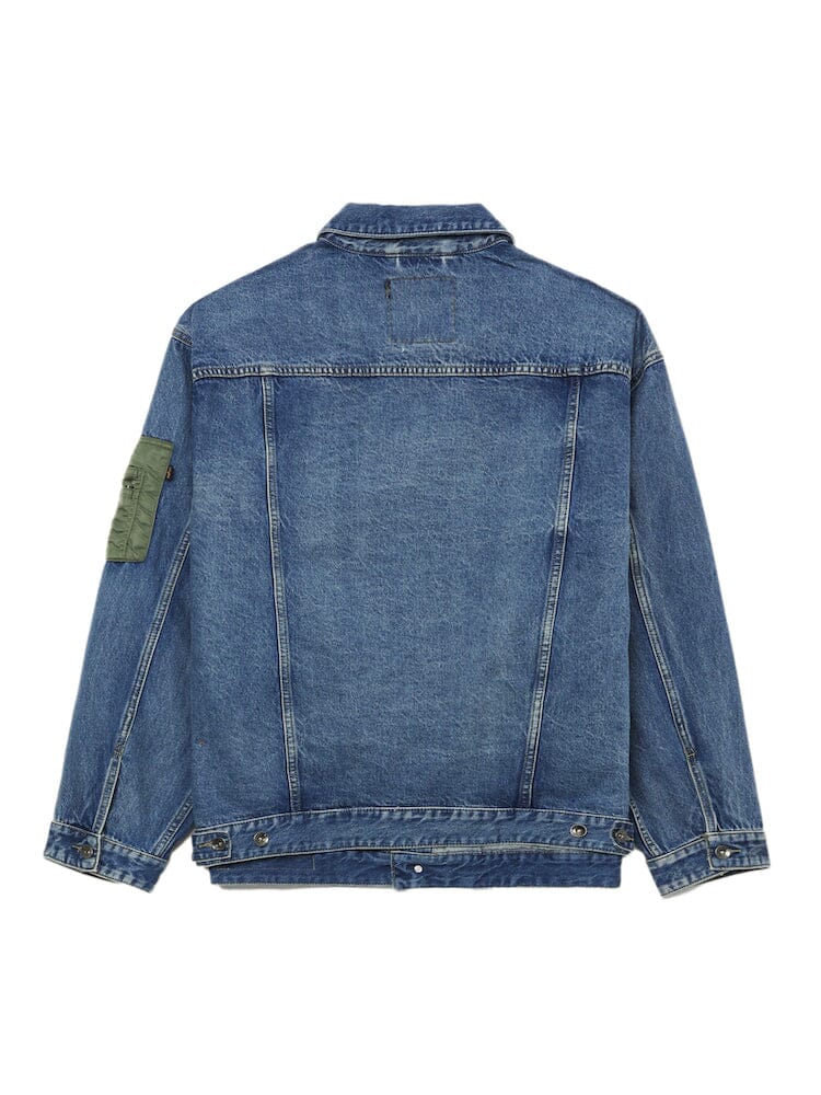 Unfrm Denim Type 2 Army Jacket by Alpha Industries, green utility pocket on upper left sleeve, button details at waistband and cuffs.