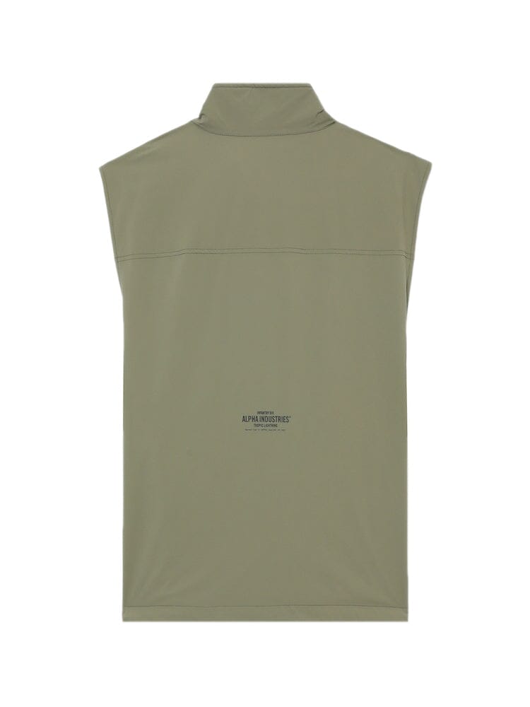 UNFRM Nylon Tactical Vest Alpha Industries, light olive green, high collar, small upper-center logo and text, utility pockets.