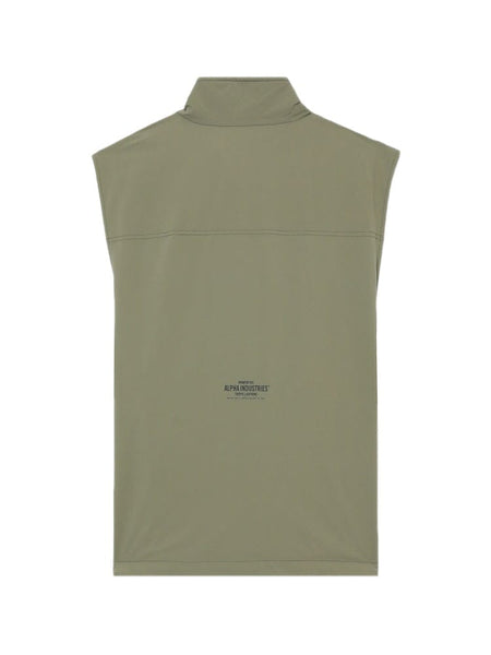 UNFRM Nylon Tactical Vest Alpha Industries, light olive green, high collar, small upper-center logo and text, utility pockets.