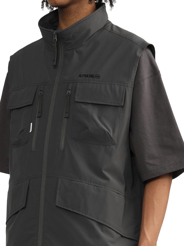 Alpha Industries Nylon Tactical Vest, dark gray, nylon, short-sleeve, zipper front, utility pockets, Alpha Industries logo on chest.