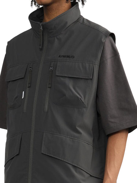 Alpha Industries Nylon Tactical Vest, dark gray, nylon, short-sleeve, zipper front, utility pockets, Alpha Industries logo on chest.