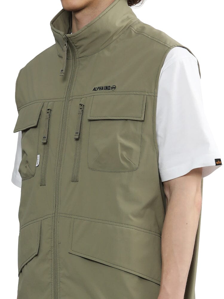 UNFRM Nylon Tactical Vest by Alpha Industries, light olive green, nylon, utility pockets, zipper front, chest branding.