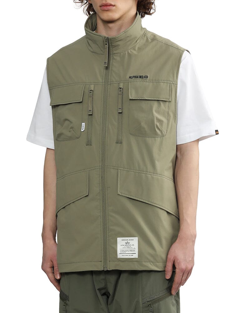 UNFRM Nylon Tactical Vest by Alpha Industries, light olive green, multiple utility pockets, zipper front.