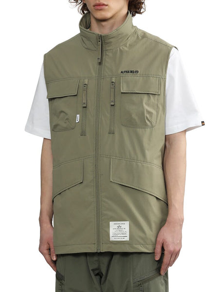 UNFRM Nylon Tactical Vest by Alpha Industries, light olive green, multiple utility pockets, zipper front.
