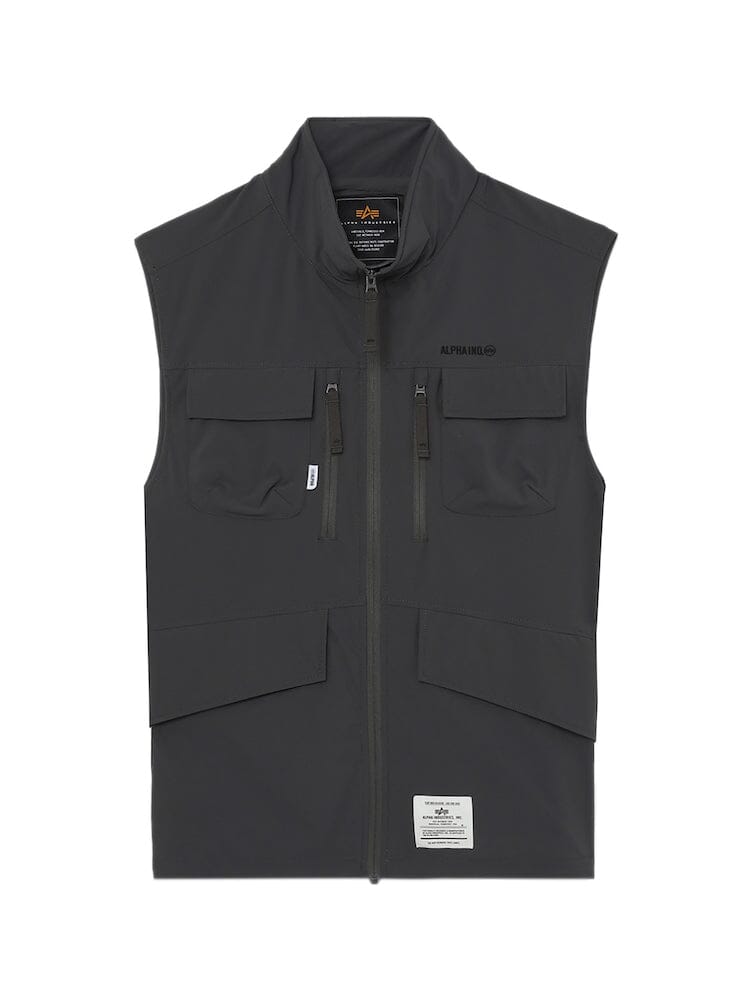 UNFRM Nylon Tactical Vest by Alpha Industries, gray, sleeveless, front zipper, four exterior utility pockets, small rectangular label near bottom hem.